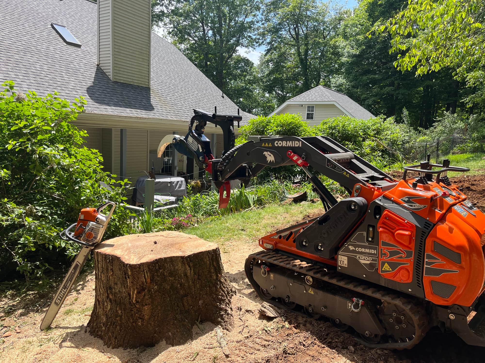 Cormidi mini track loader next to fresh stump at residential property
